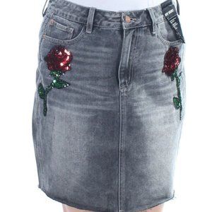 Gray Multi-Color Sequins Rose Design Denim Skirt Size 30